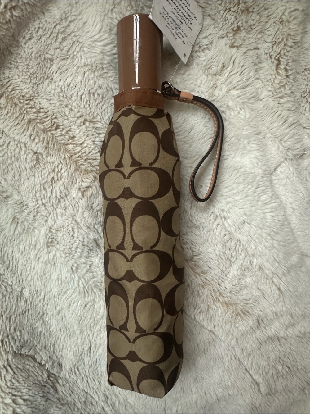 Coach Compact Folding Umbrella in Brown and Tan Signature Print